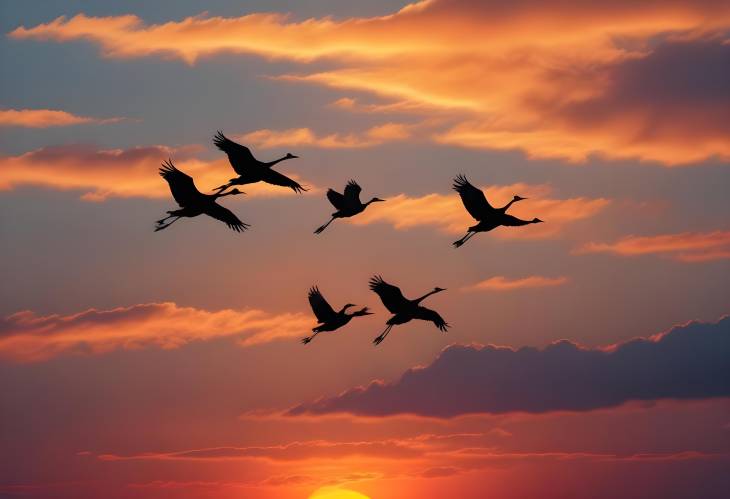 Cranes Flying Silhouetted Against a Glowing Sunset A Captivating Evening Sky Scene