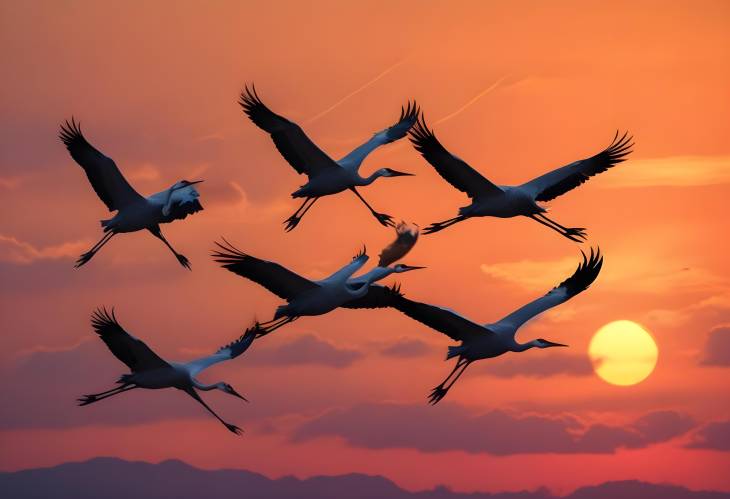 Cranes in Flight Against a Stunning Sunset Background Majestic Silhouettes in the Twilight Sky