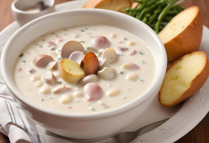 Cream Based New England Clam Chowder Hearty Soup with Clams and Potatoes