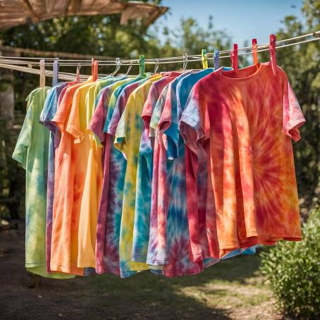 Creative Tie Dyed T Shirts Hanging on a Clothes Bar Under the Sun