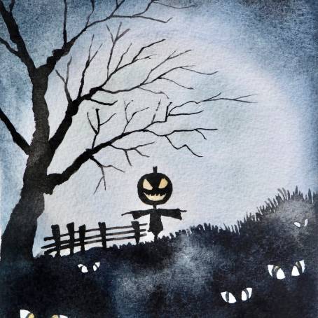 Creepy Halloween Night Silhouetted Naked Trees, Tomb, Pumpkin, Full Moon, Bats, Witch