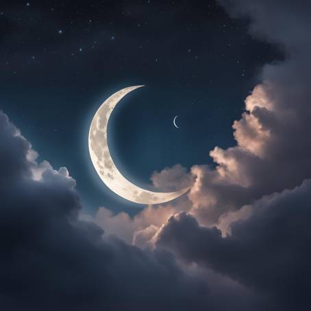 Crescent Moon Shining Brightly Through Midnight Clouds in the Starry Sky