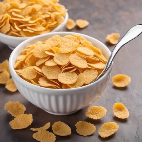 Crispy Corn Flakes in Isolated Bowl with Spoon, Fresh Breakfast Cereal on White Background