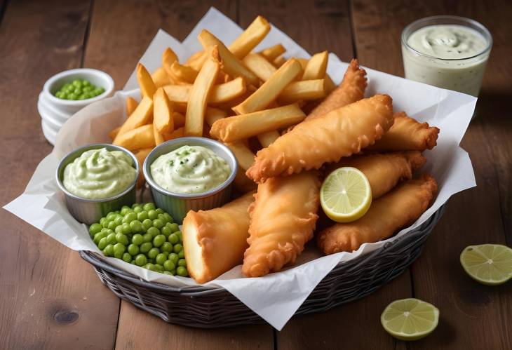 Crispy Fried Fish and Chips with Tartar Sauce and Peas