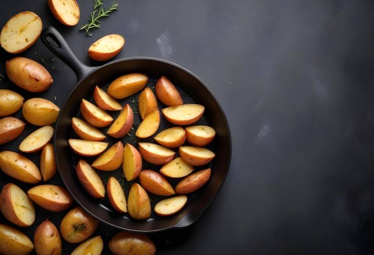 Crispy Golden Wedges Roasted Potatoes in a Pan on Dark Stone