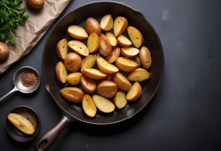 Crispy Roasted Potatoes Golden Wedges in a Pan on Dark Stone