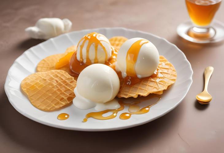 Crispy Wafers with Creamy Yogurt Ice Cream  Honey Drizzle A Light, Tangy Dessert Experience