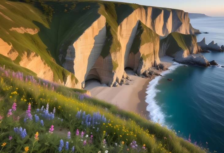 Crystal Clear Ocean Views from Serene Seaside Cliffs with Blooming Wildflowers Along the Edge