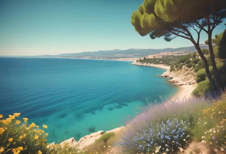 Cte dAzur in Summer Turquoise Water, Flowers, and Blue Sky with RetroToned Riviera Coast