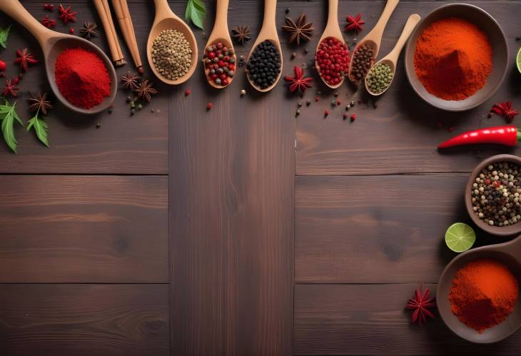 Culinary Canvas Vibrant Spices of Pepper, Coriander, and Paprika on Rustic Wood