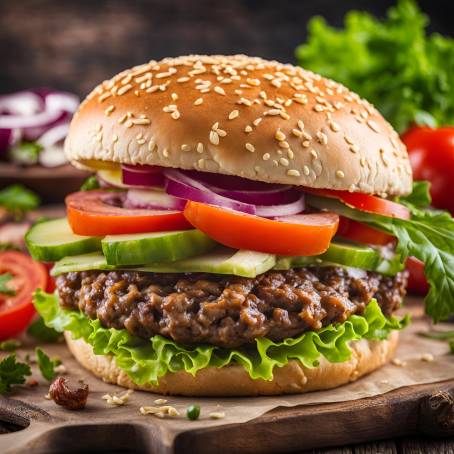 Culinary Delight Close Up of Homemade Hamburger with Fresh Veggies