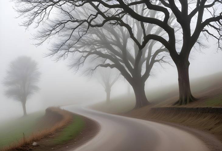 Curved Village Road with Fog and Tree Lined Sides on a Misty Morning