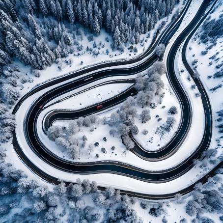 Curving Snowy Road in Cerler, Spain Aerial View with Vehicle