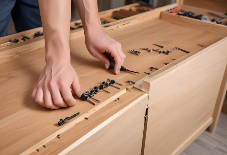 Custom Furniture Assembly by Handyman Fixing Fasteners on Wooden Cabinet with Professional Screw