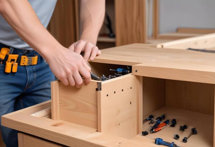 Custom Wooden Cabinet Assembly by Handyman Fixing Fasteners with Professional Screwdriver