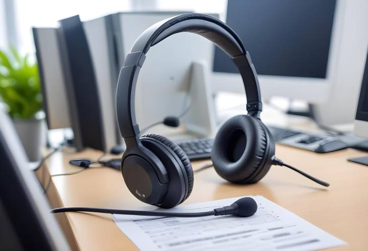 Customer Support Solutions Headset and Equipment in Call Center Ready for Action