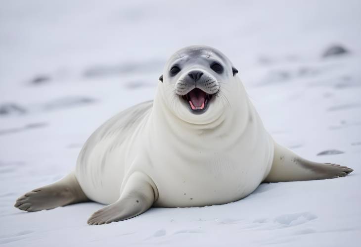 Cute Baby Weddell Seal on Antarctica Snow CloseUp of Yawning Pup in Polar Landscape