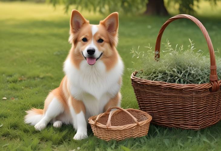 Cute Dog and Basket of Willow Branches on Park Grass  Enjoying Natures Beauty