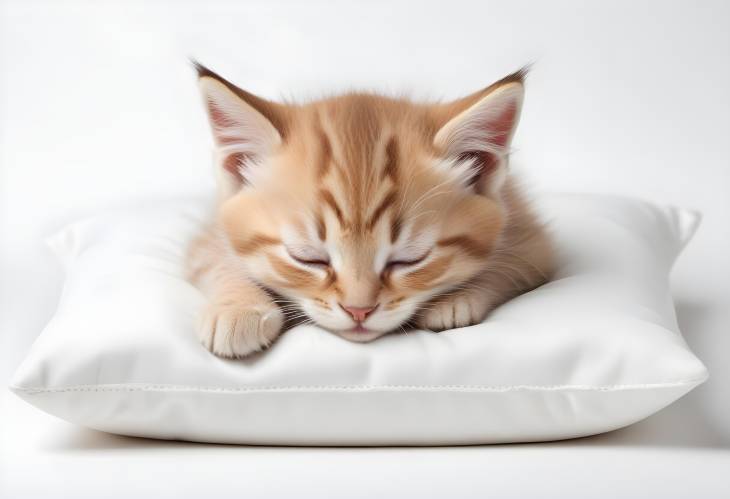 Cute Kitten Relaxing on a Soft White Pillow, Isolated on White Background