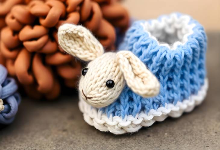 Cute Knitted Blue Baby Booties with Rabbit Face for Little Boys