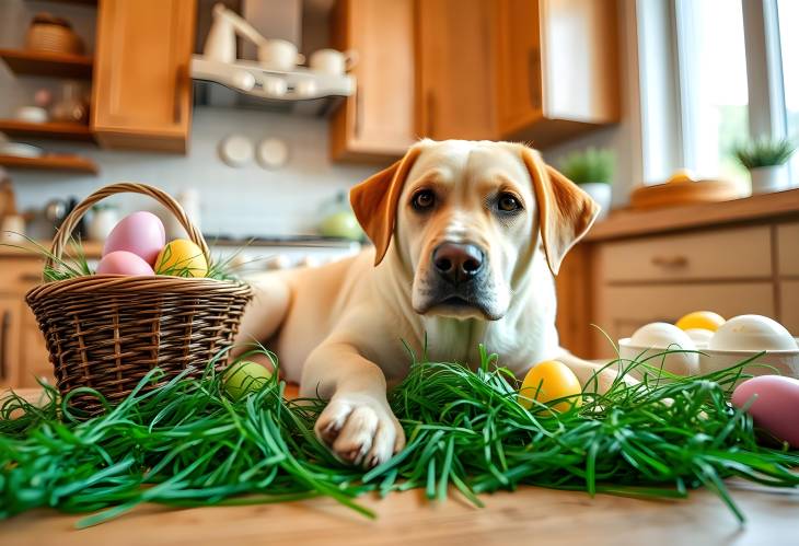 Cute Labrador Dog in Kitchen with Easter Celebration Theme and Decor