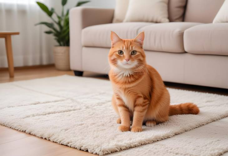 Cute Red Cat Relaxing on Carpet in Cozy Living Room Setting