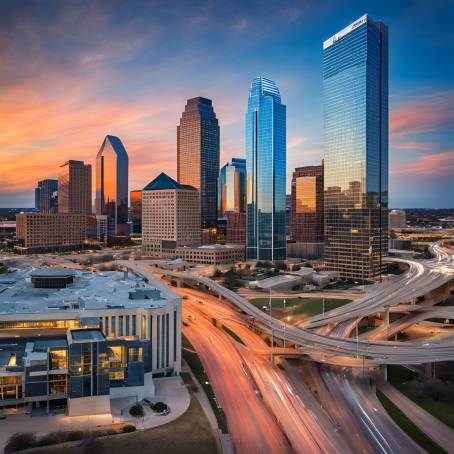 Dallas at Dusk Texas Cityscape Glows Under a Blue Sky at Sunset