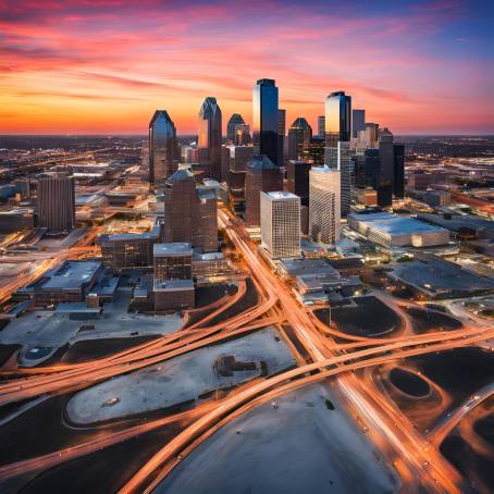 Dallas Cityscape Vibrant Sunset and Blue Sky Over Texas Skyline