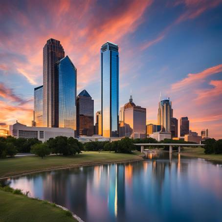 Dallas Skyline at Sunset Blue Sky and Golden Hour Over Texas