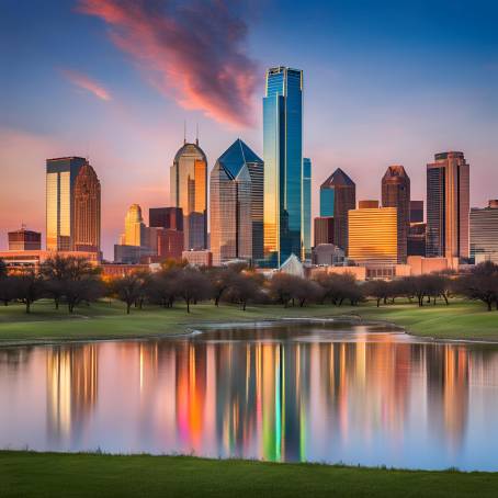 Dallas Skyline Drenched in Sunset Colors Blue Sky Over Texas