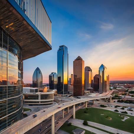 Dallas Skyline in Texas Sunset Magic with Blue Sky and Urban Elegance