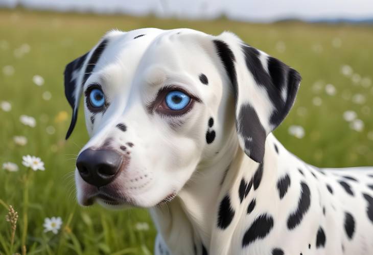 Dalmatian with heterochromia iridum, one blue eye, in a meadow in Germany, showcasing unique eye col