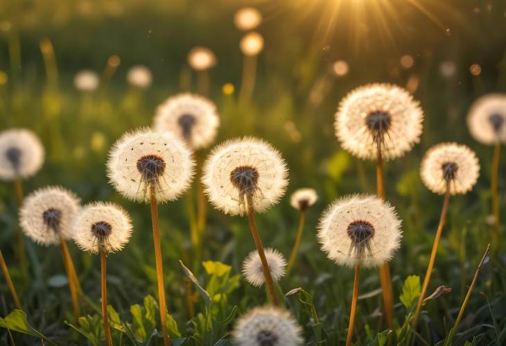 Dandelion Field in Sunset Rays with Fluffy Blooms