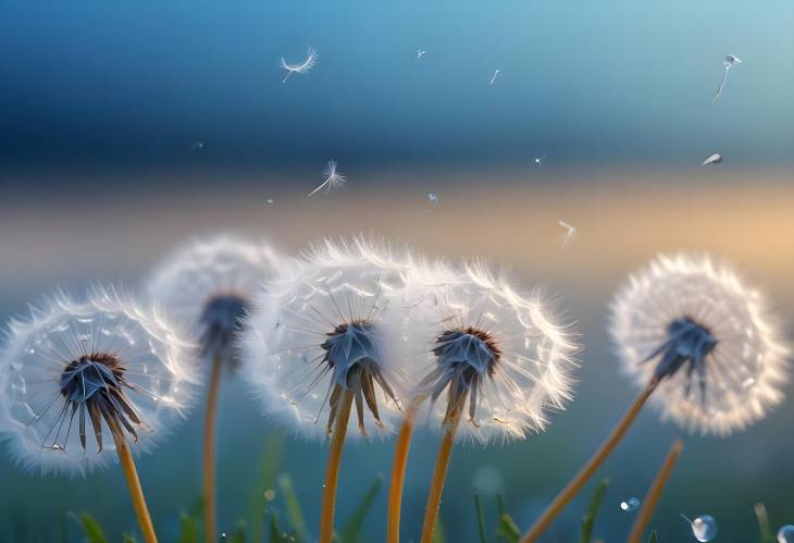 Dandelion Seeds in Dew Drops on Beautiful Blurred Blue Background