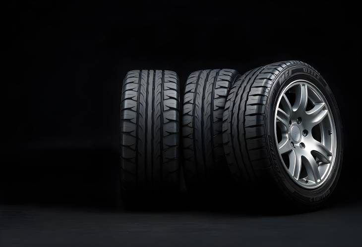 Dark Background with New Tires Close Up of High Quality and Performance Tires