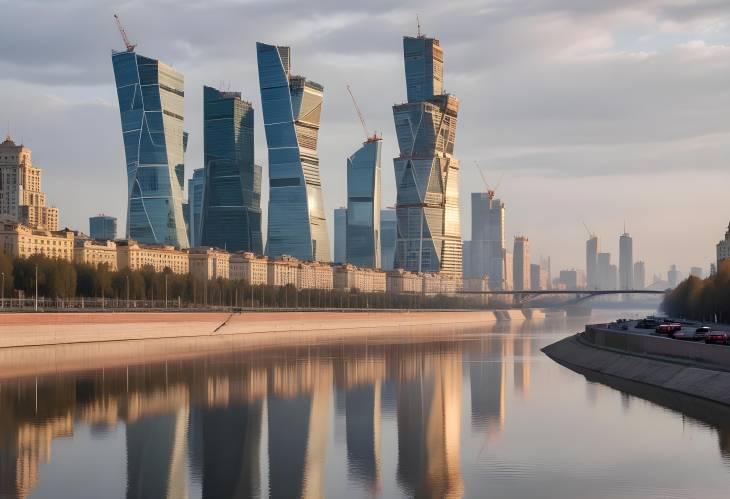 Dawn Breaks Over Moscows Riverfront Rising Buildings and Construction Cranes