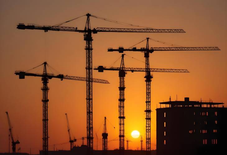 Dawn Cranes and Building Silhouettes Against Rising Sun