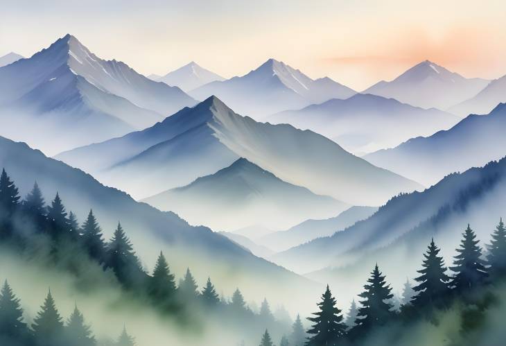 Dawns Misty Mountains A Watercolor Tribute to Natures Tranquil Majesty