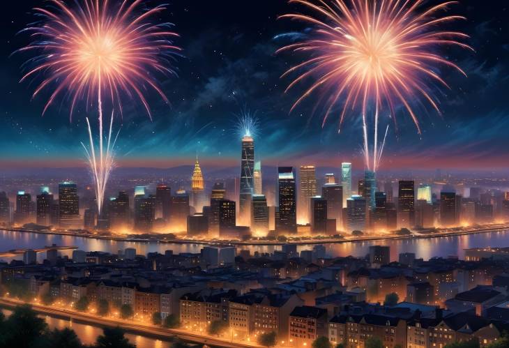 Dazzling Fireworks in the Night Sky Vibrant Show Over a Cityscape