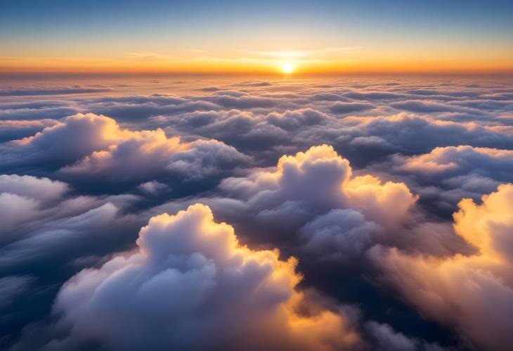 Dazzling Yellow Sunset Over White Clouds and Blue Sky Aerial Shot