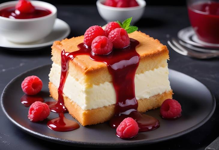 Decadent Cake with Raspberry Sauce and Cream Pastry Snack on Dark Background, Close Up