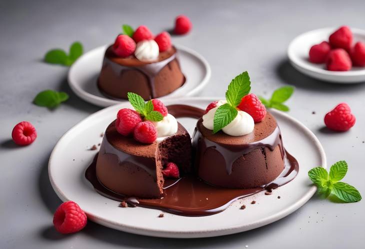 Decadent Chocolate Fondant with Raspberries and Cream on Grey Concrete Surface