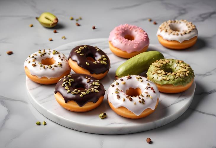 Decadent Donuts with Chocolate and Pistachio Topping on Marble Table A Perfect Dessert