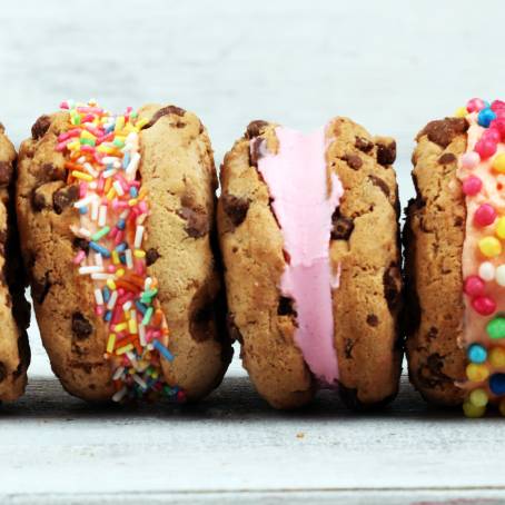 Decadent Ice Cream Sandwiches with Nuts, Caramel, and Chocolate Chip Cookies Overhead