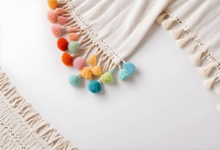 Decorative Cotton Fringe and Pom Poms on Bedspread Edge, Isolated White Background