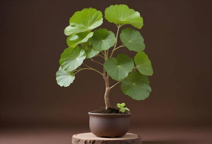 Decorative Display of Centella Asiatica with Branch Tree on Transparent Podium, Brown Background