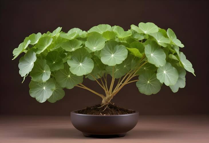 Decorative Presentation of Centella Asiatica with Branch Tree on Transparent Podium, Brown Backdrop