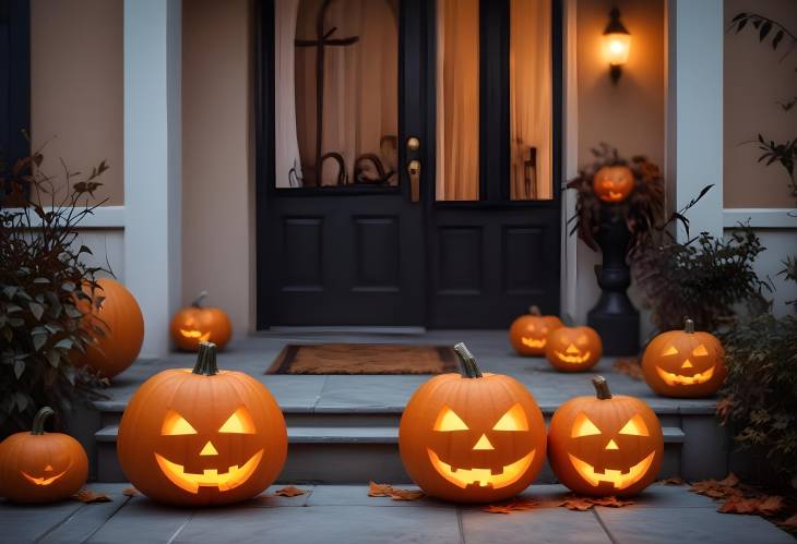 Decorative Three Halloween Jack o Lanterns on Terrace Perfect for Autumn Festivities and Holiday