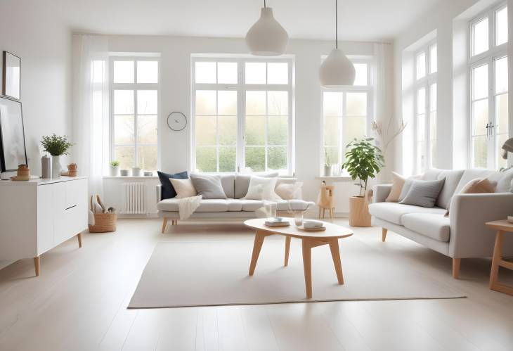 Defocused Bright Scandinavian Living Room, Minimalist Design, Airy and Resplendent