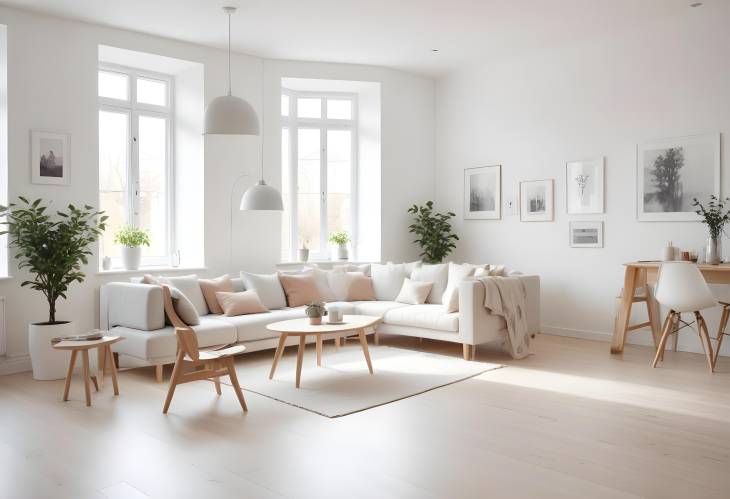 Defocused Bright Scandinavian Living Room with Airy Minimalist Design, Resplendent Interior